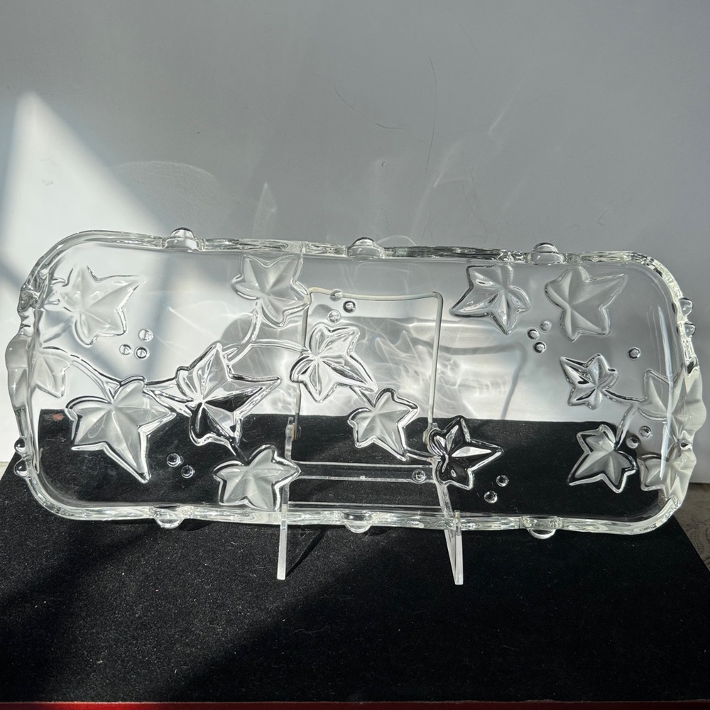 Elegant VTG Walther Glass Clear With Etched Leaves  Serving Dish Tray  15”x6”